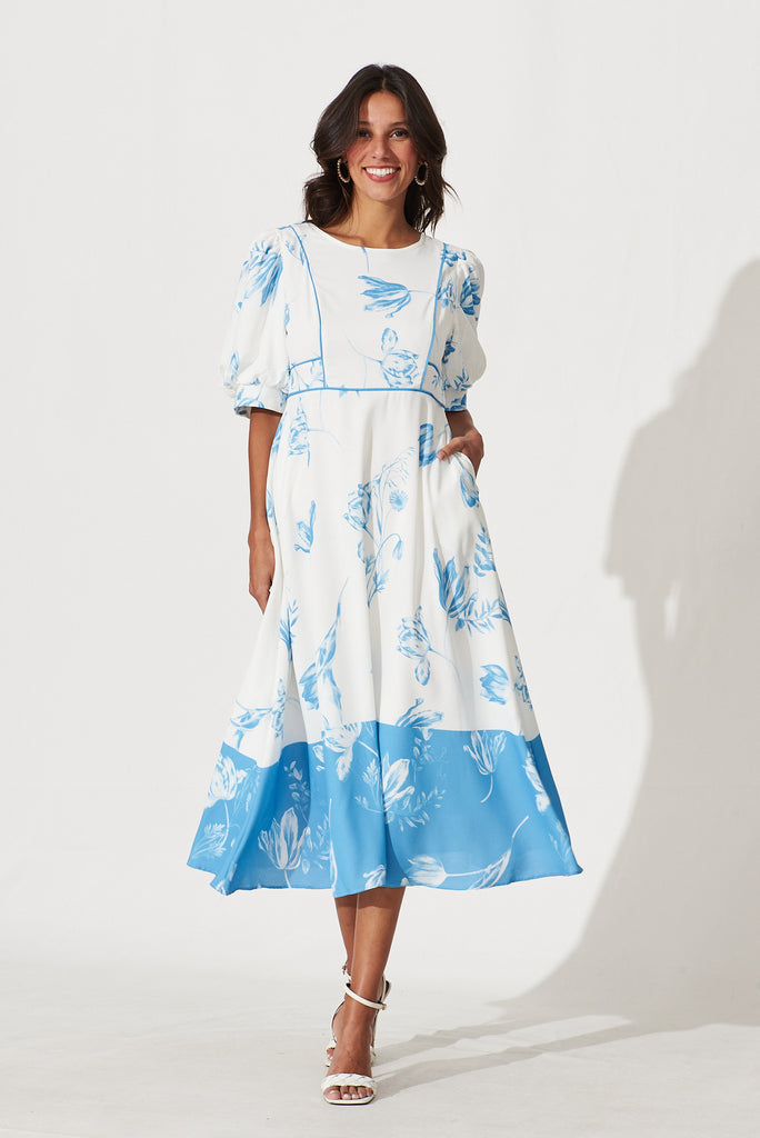 Lola Midi Dress In White With Blue Floral Print - full length
