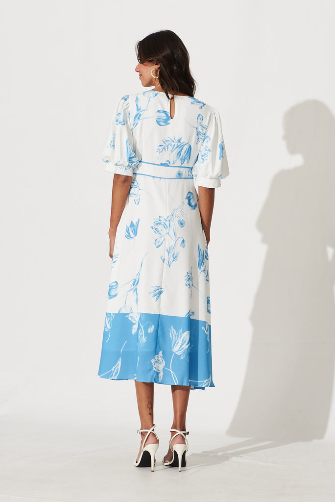 Lola Midi Dress In White With Blue Floral Print - back
