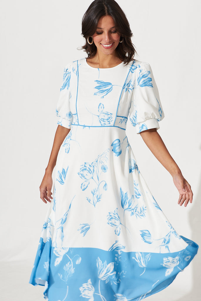 Lola Midi Dress In White With Blue Floral Print - front