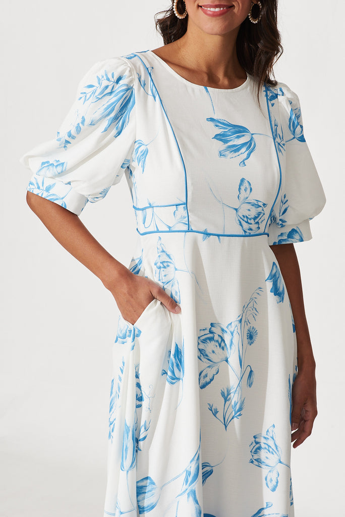 Lola Midi Dress In White With Blue Floral Print - detail