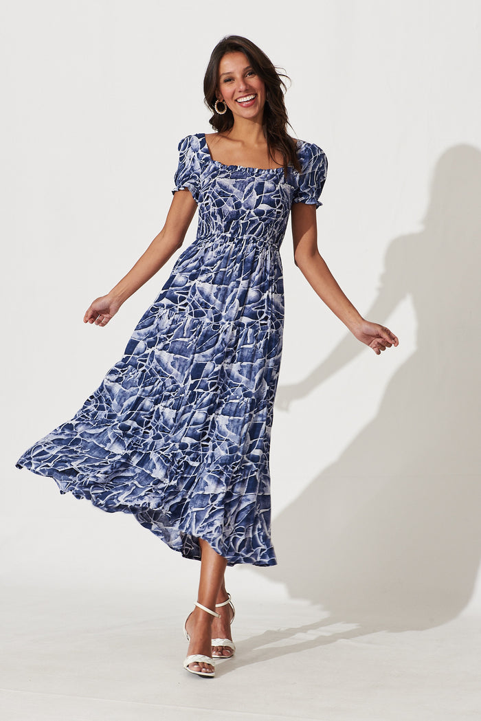 Water Lily Midi Dress In Navy With White Print - full length