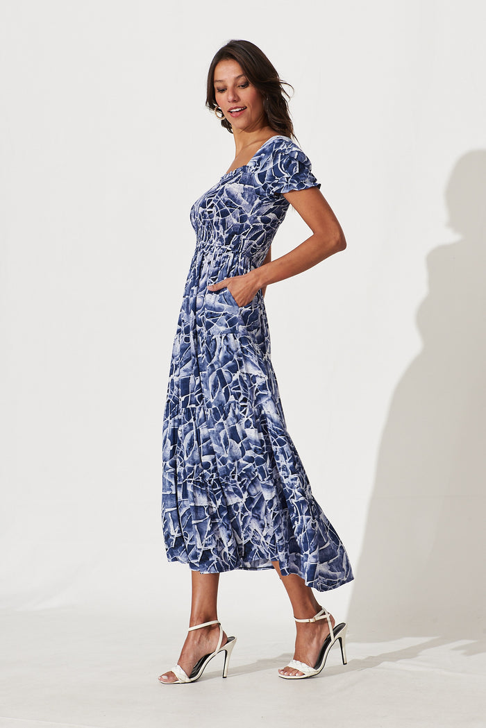 Water Lily Midi Dress In Navy With White Print - side