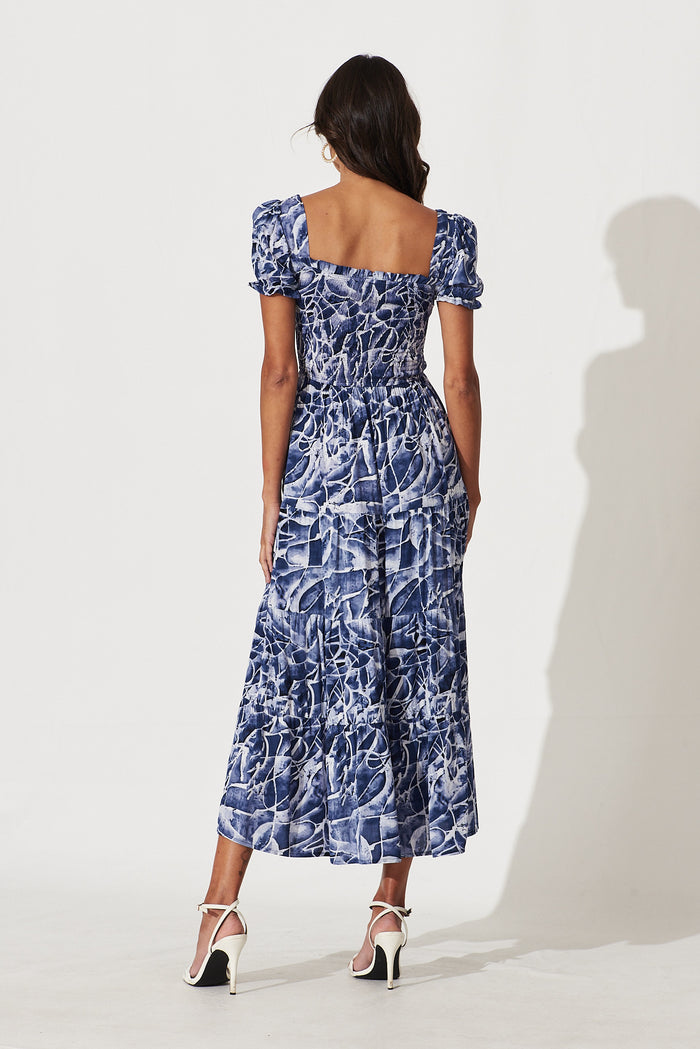 Water Lily Midi Dress In Navy With White Print - back