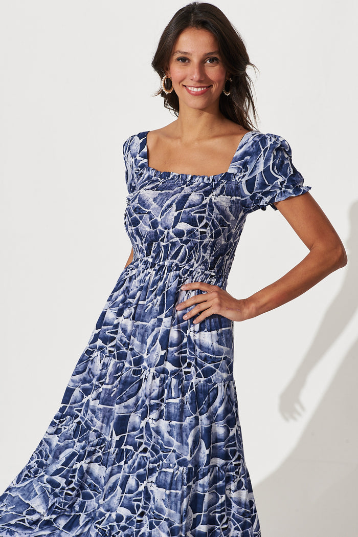 Water Lily Midi Dress In Navy With White Print - front