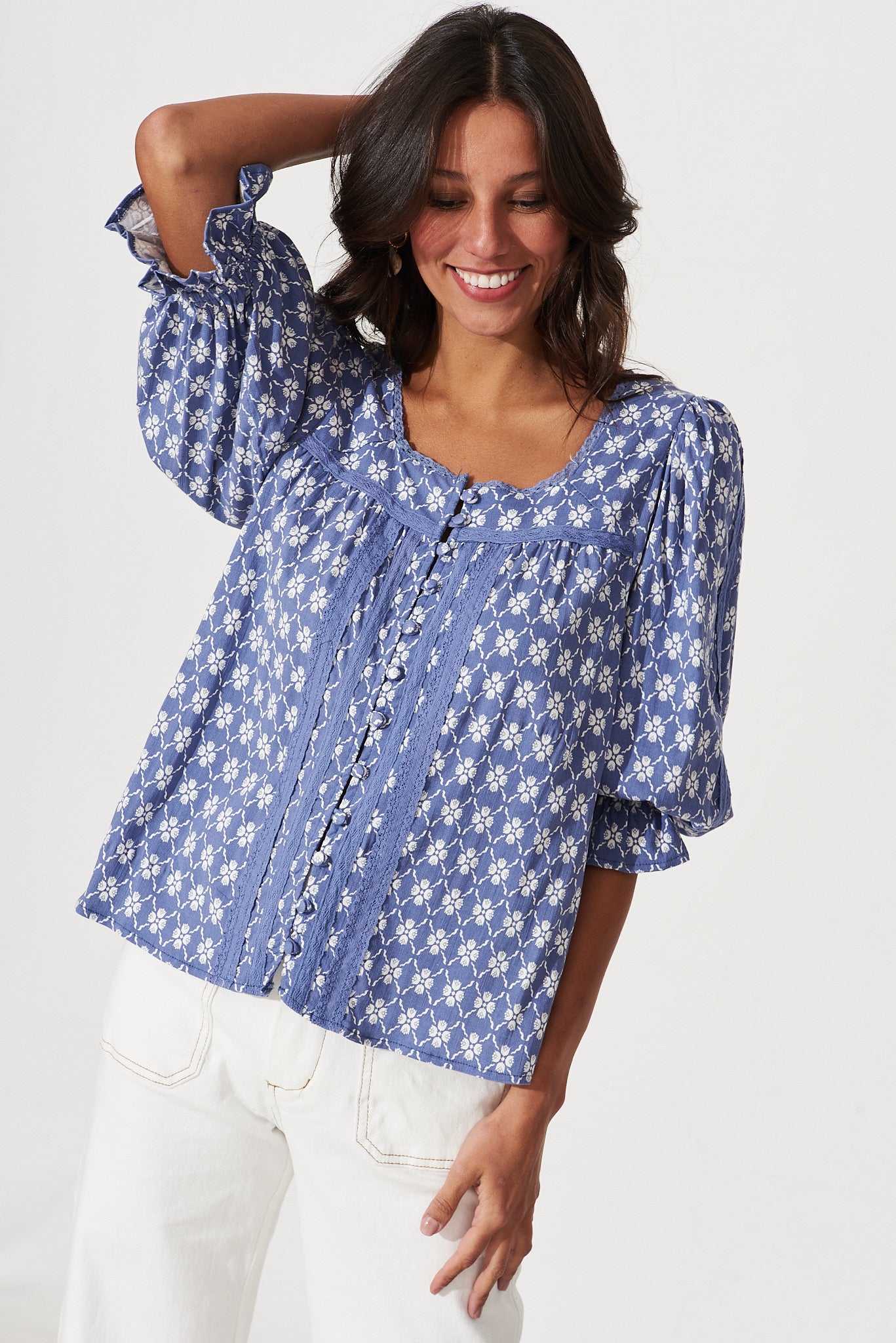 Moonflower Top In Blue With White Print - front