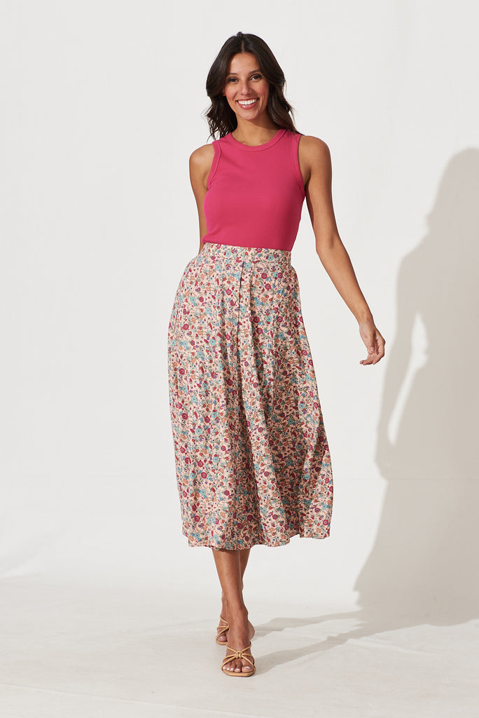 Devoted Midi Skirt In Blush Multi Floral Print - full length