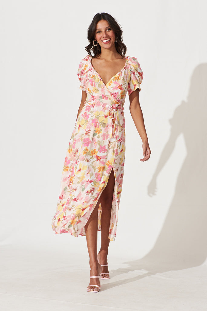 Cyprus Midi Dress In Pink With Multi Floral - full length