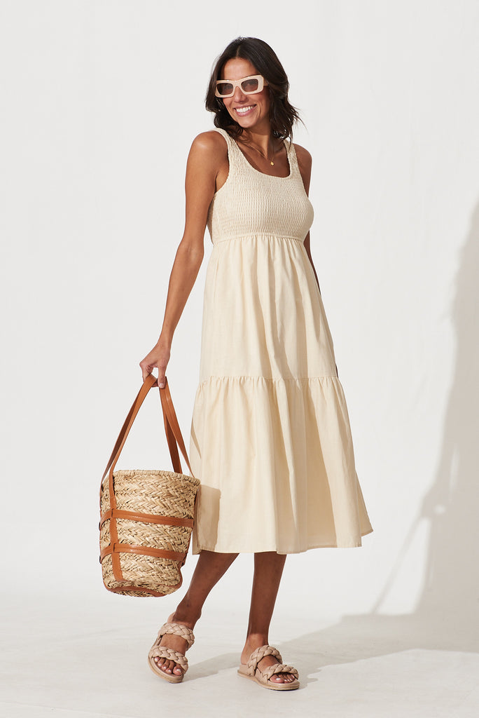 Caribbean Midi Dress In Beige Cotton Linen - full length