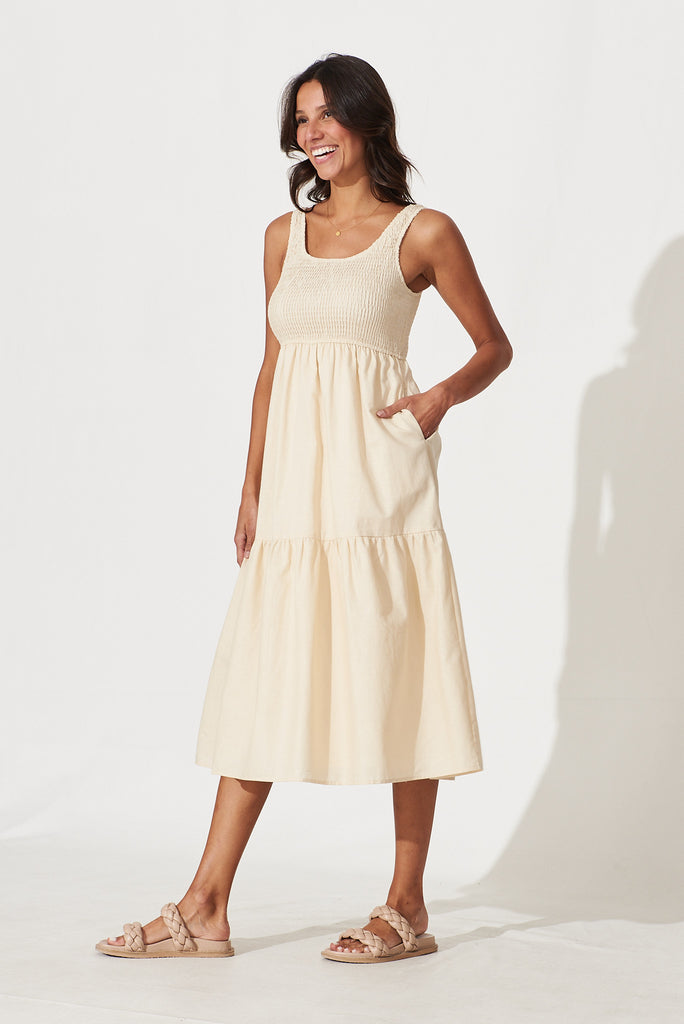 Caribbean Midi Dress In Beige Cotton Linen - side