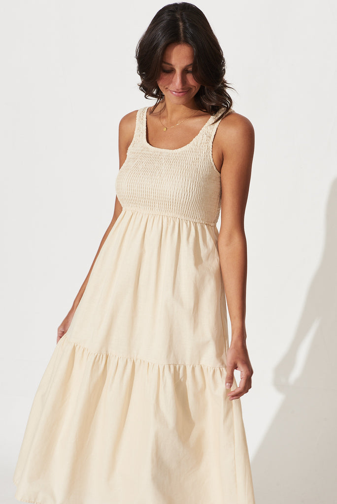 Caribbean Midi Dress In Beige Cotton Linen - front
