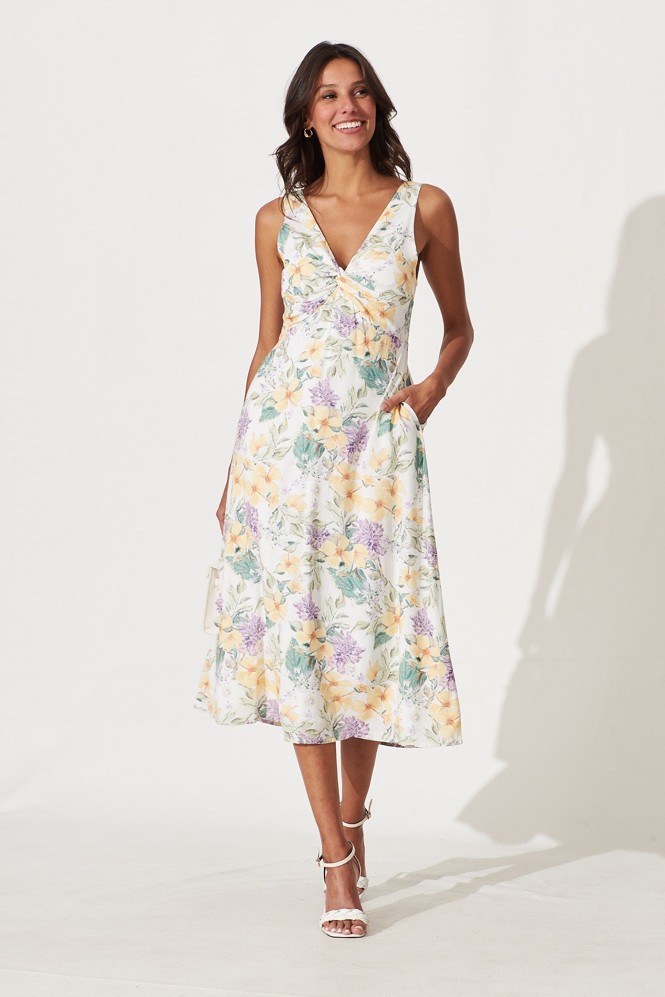 Tropicana Midi Dress In White With Multi Floral Print - full length