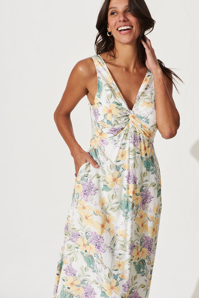 Tropicana Midi Dress In White With Multi Floral Print - front