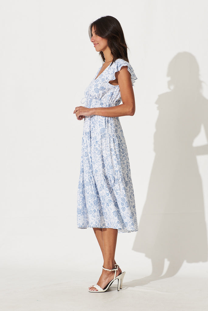 Kona Midi Dress In White With Blue Floral Print - side