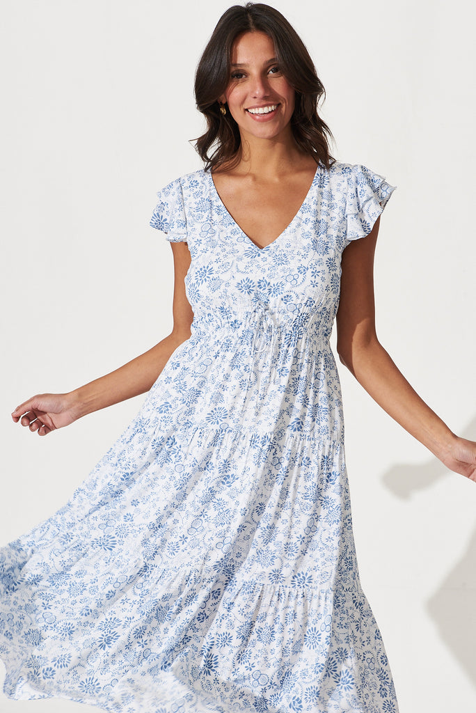 Kona Midi Dress In White With Blue Floral Print - front