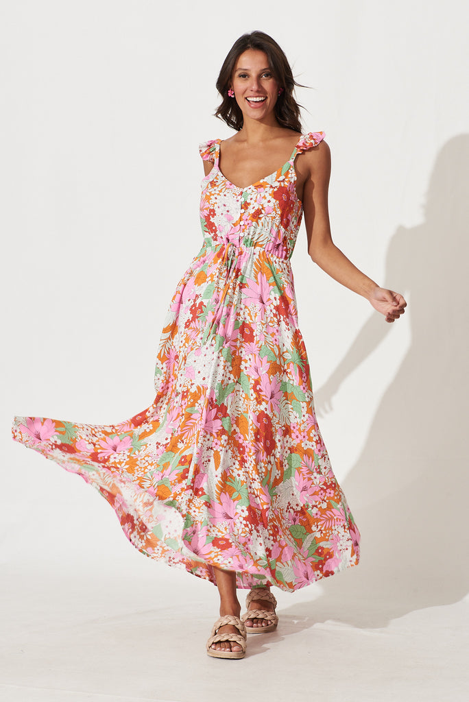 Love Ya Maxi Sundress In Pink And Tangerine Multi Floral - full length