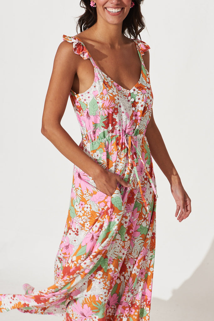 Love Ya Maxi Sundress In Pink And Tangerine Multi Floral - detail