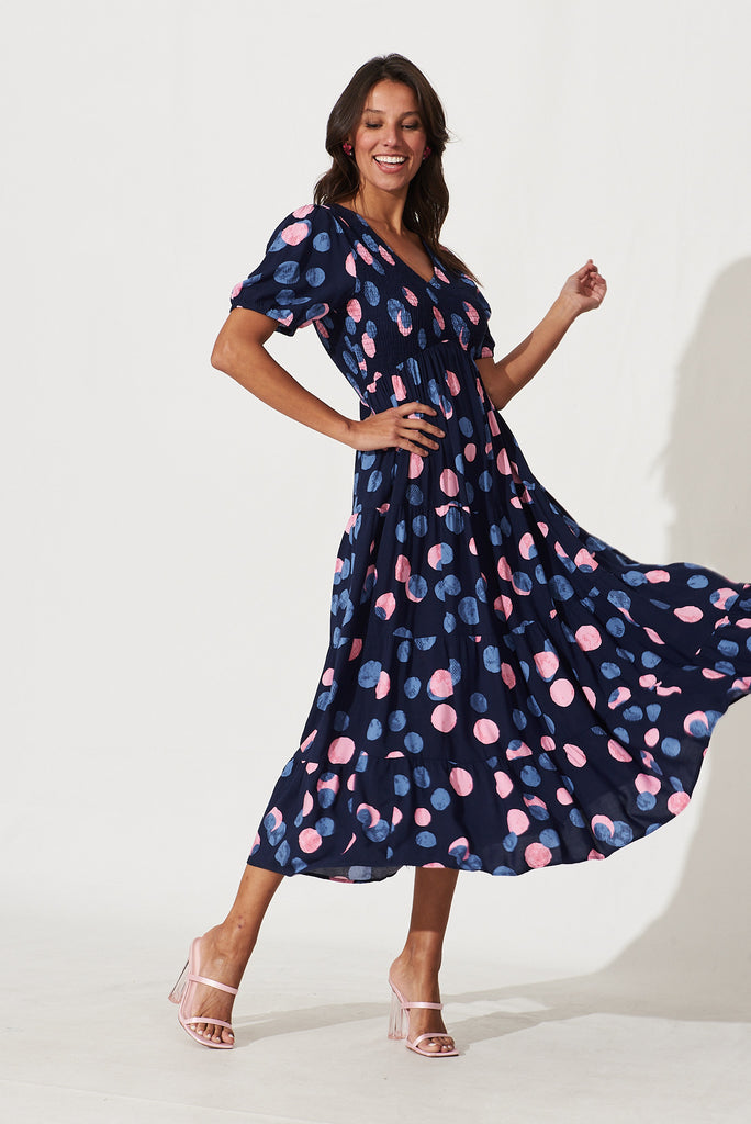 Kami Maxi Dress In Navy With Pink And Blue Spot - full length