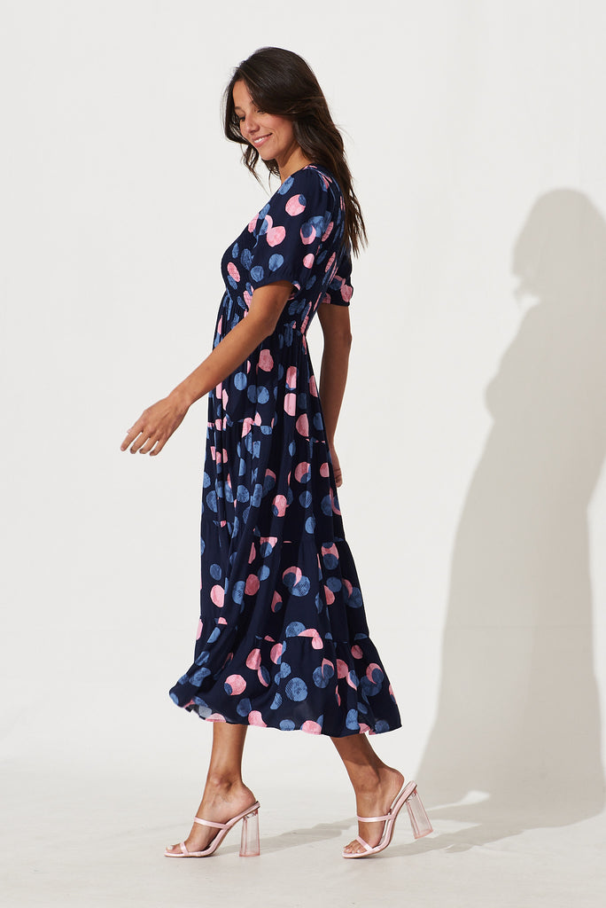 Kami Maxi Dress In Navy With Pink And Blue Spot - side