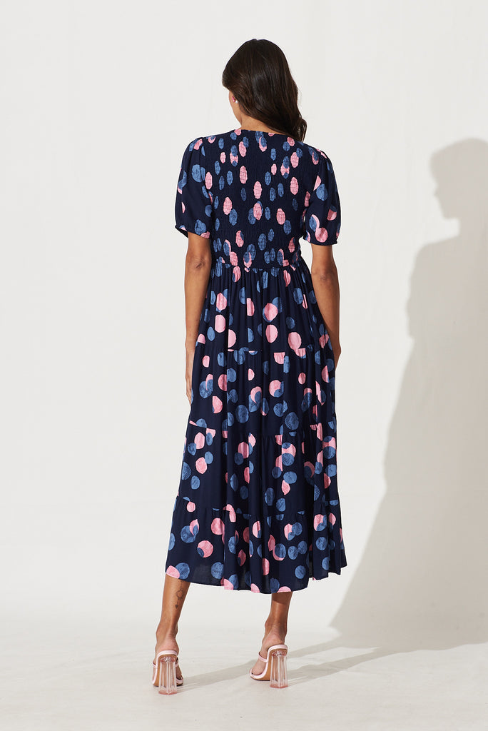 Kami Maxi Dress In Navy With Pink And Blue Spot - back