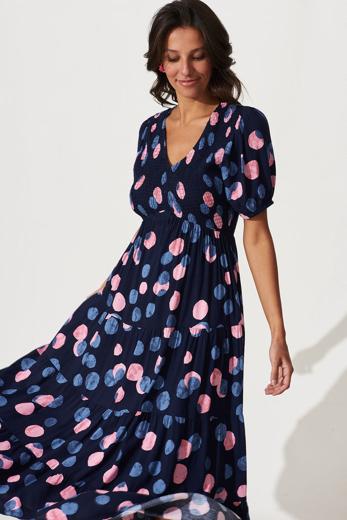Kami Maxi Dress In Navy With Pink And Blue Spot - front