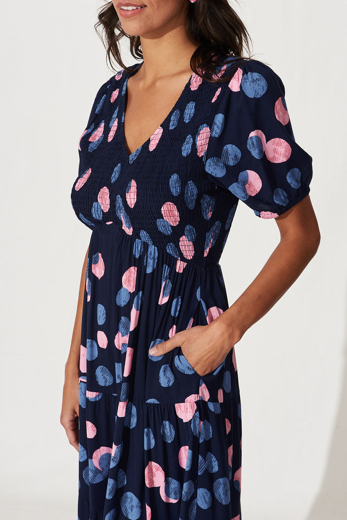 Kami Maxi Dress In Navy With Pink And Blue Spot - detail