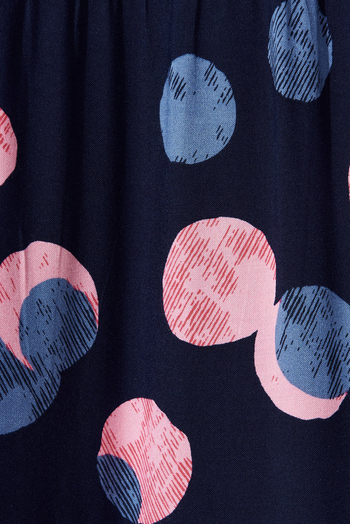 Kami Maxi Dress In Navy With Pink And Blue Spot - fabric