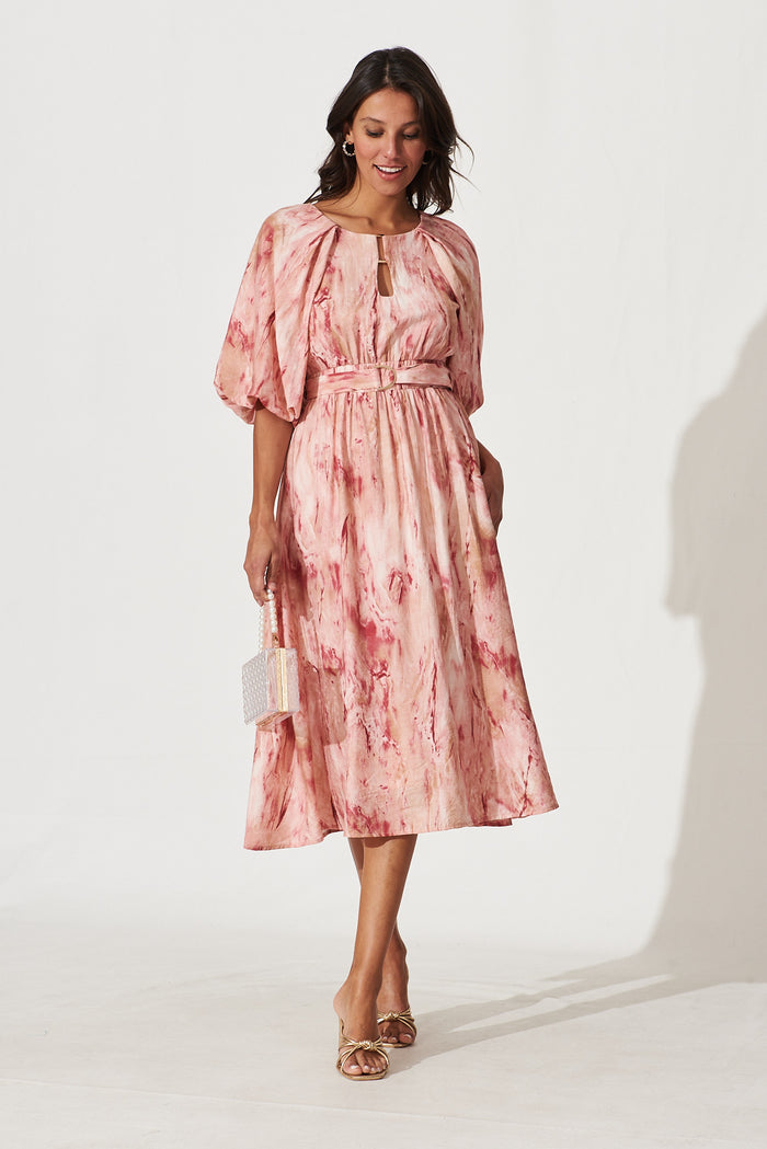 Romantic Midi Dress In Pink Watercolour Print - full length