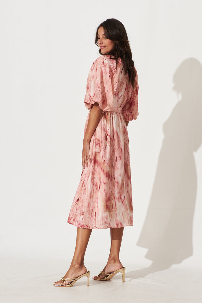 Romantic Midi Dress In Pink Watercolour Print - side