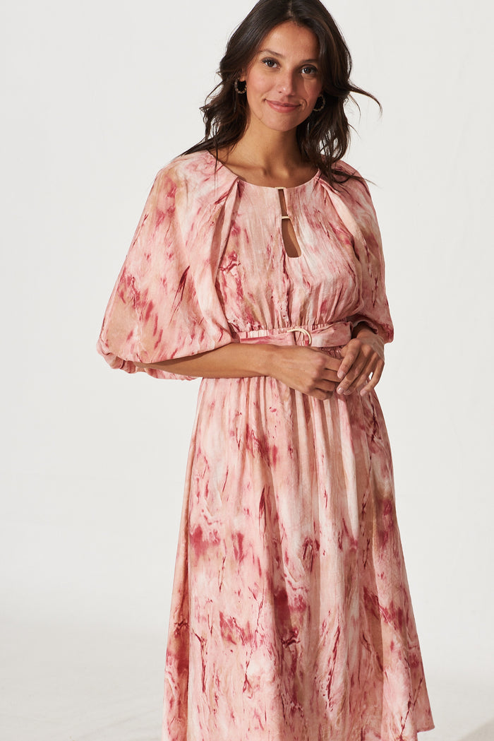 Romantic Midi Dress In Pink Watercolour Print - front