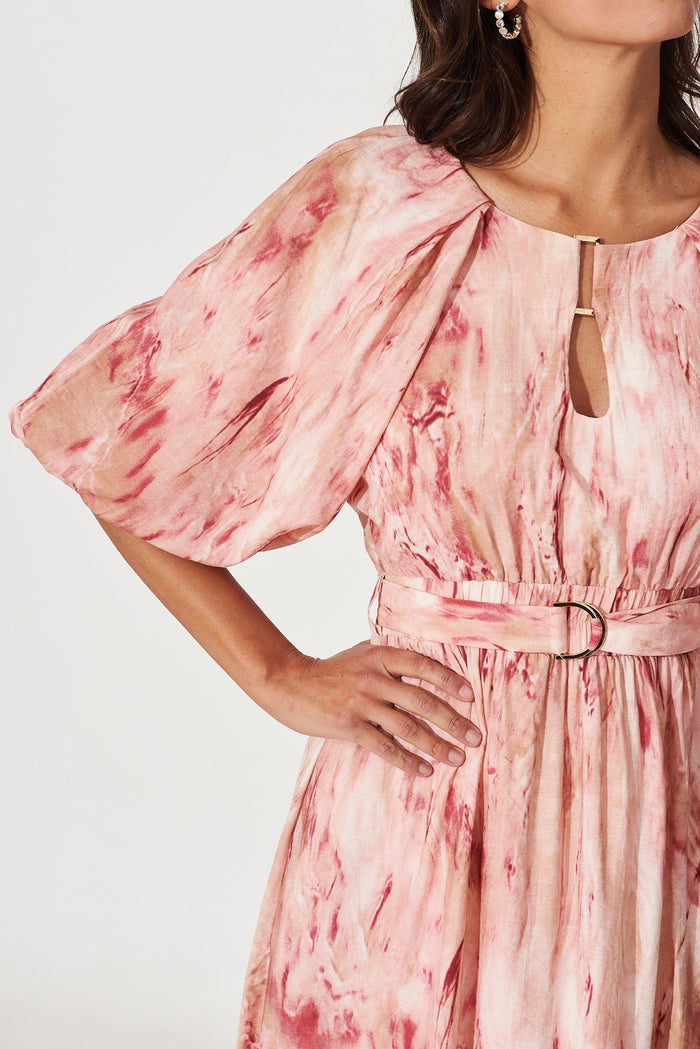 Romantic Midi Dress In Pink Watercolour Print - detail