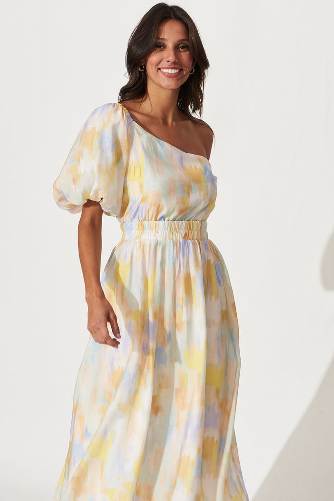 Everlasting Midi Dress In Lemon Multi Watercolour - front