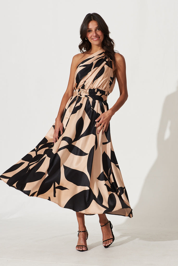 Bernadette One Shoulder Midi Dress In Brown With Black Print Satin St Frock Bernadette One Shoulder Midi Dress In Brown With Black Print Satin St Frock