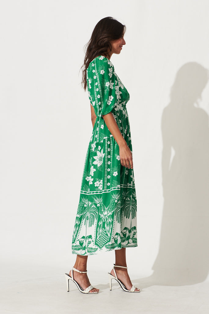 Valerian Midi Dress In Green With White Floral Border - right side