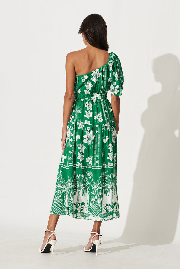 Valerian Midi Dress In Green With White Floral Border - back