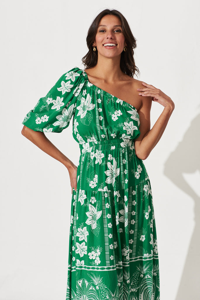 Valerian Midi Dress In Green With White Floral Border - front