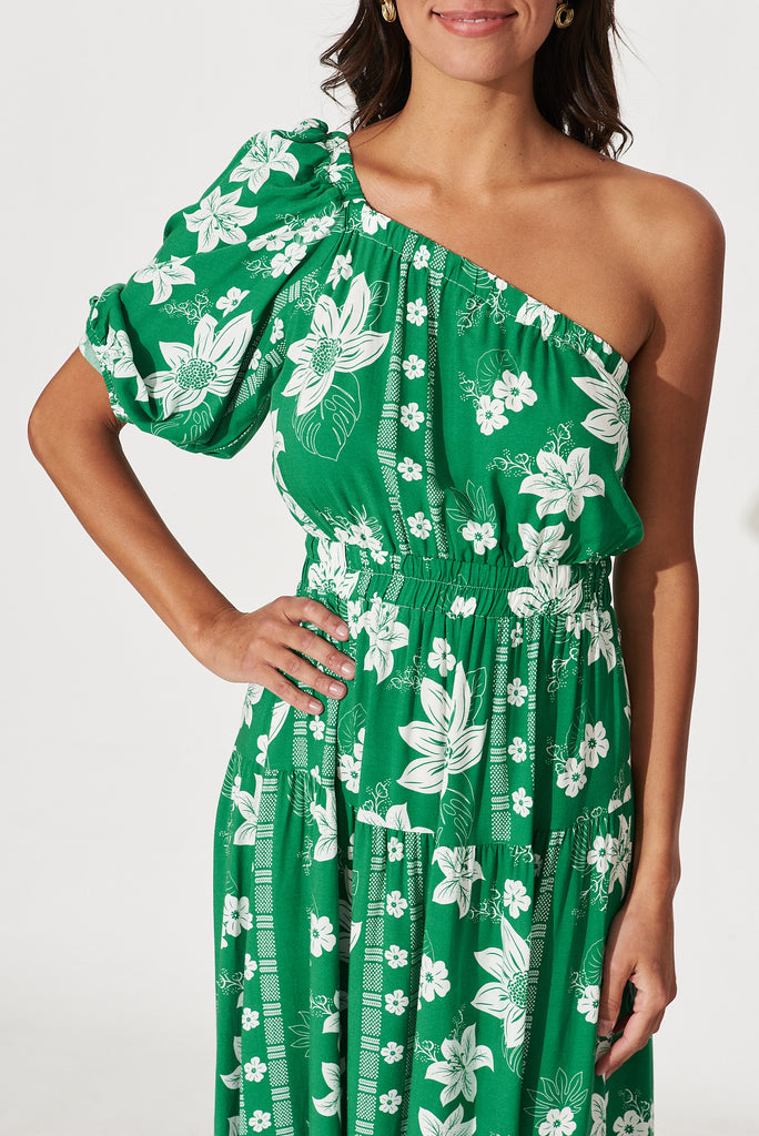 Valerian Midi Dress In Green With White Floral Border - detail