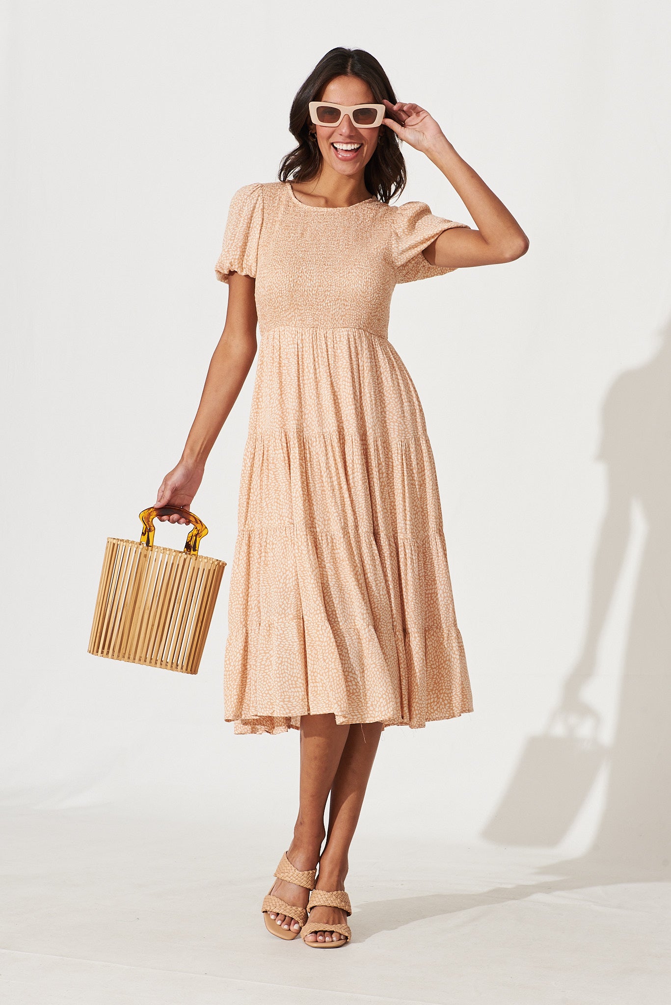 Calypso Midi Dress In Apricot With Cream Print - full length