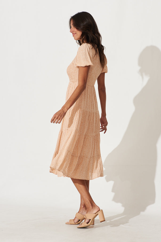 Calypso Midi Dress In Apricot With Cream Print - side