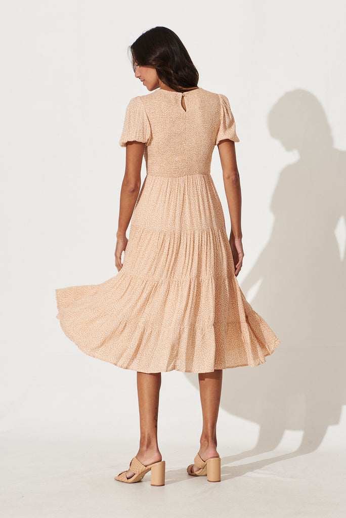 Calypso Midi Dress In Apricot With Cream Print - back