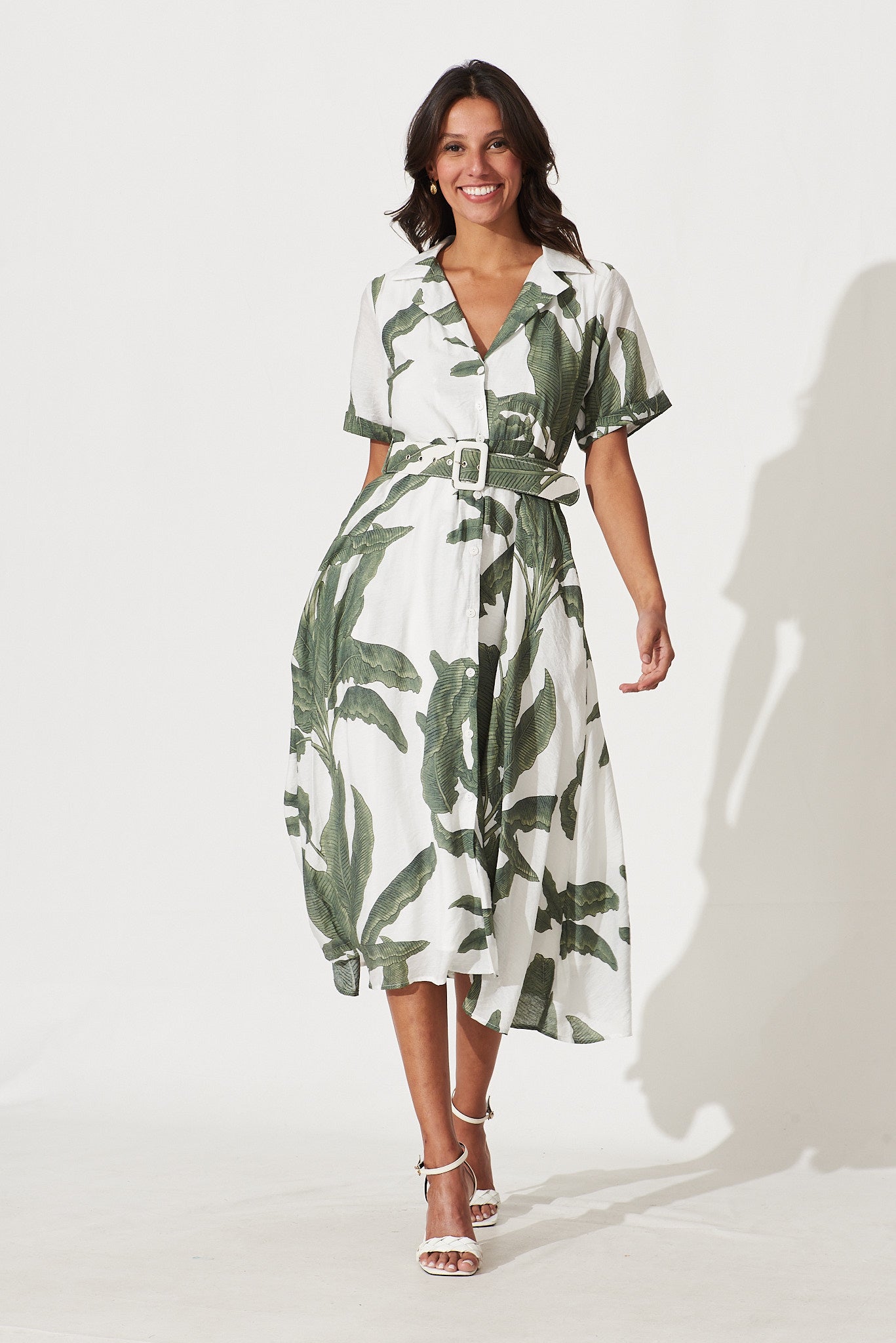 My Sweet Midi Shirt Dress In White With Green Leaf Print St Frock My Sweet Midi Shirt Dress In White With Green Leaf Print St Frock