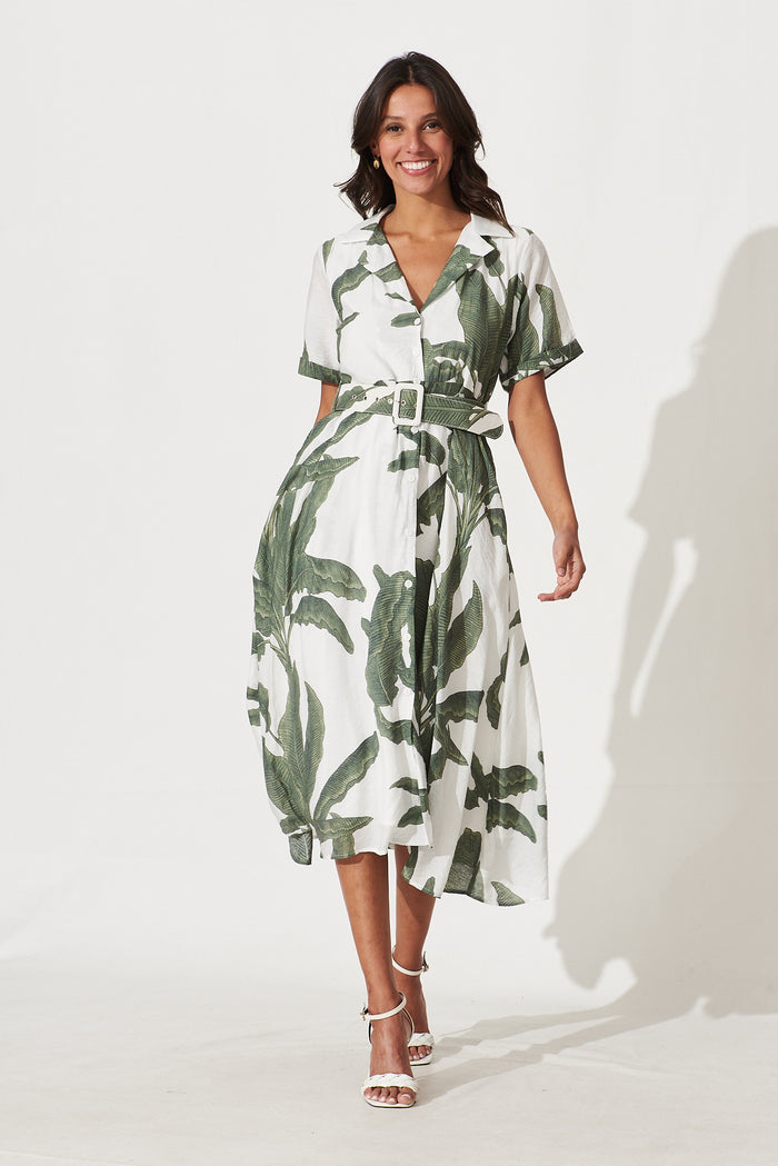 My Sweet Midi Shirt Dress In White With Green Leaf Print St Frock My Sweet Midi Shirt Dress In White With Green Leaf Print St Frock