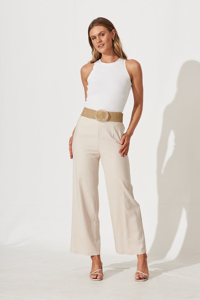 Darby Pant In Oatmeal Linen Cotton Blend - full length