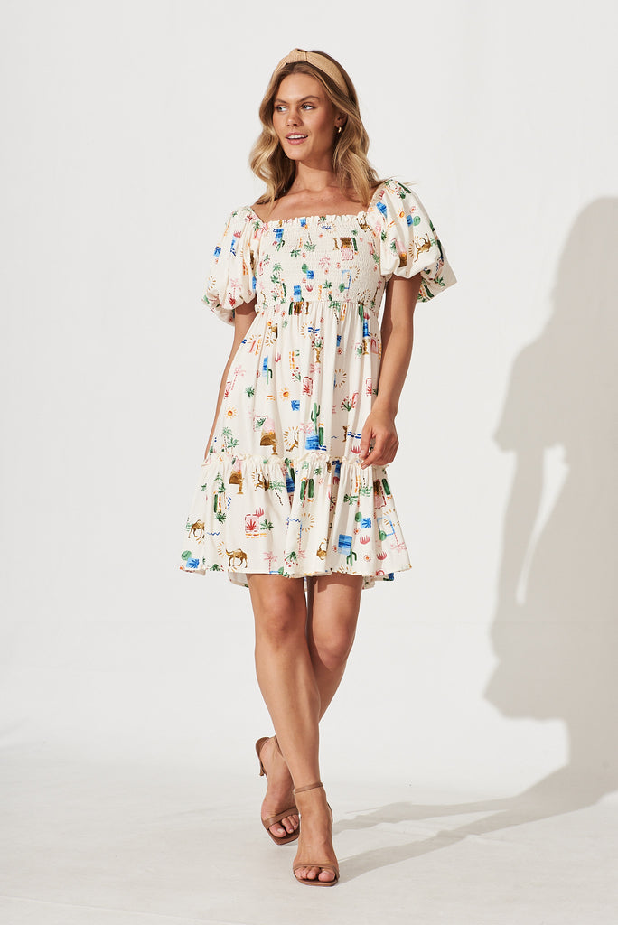 Thora Dress In Cream Multi Desert Print - full length