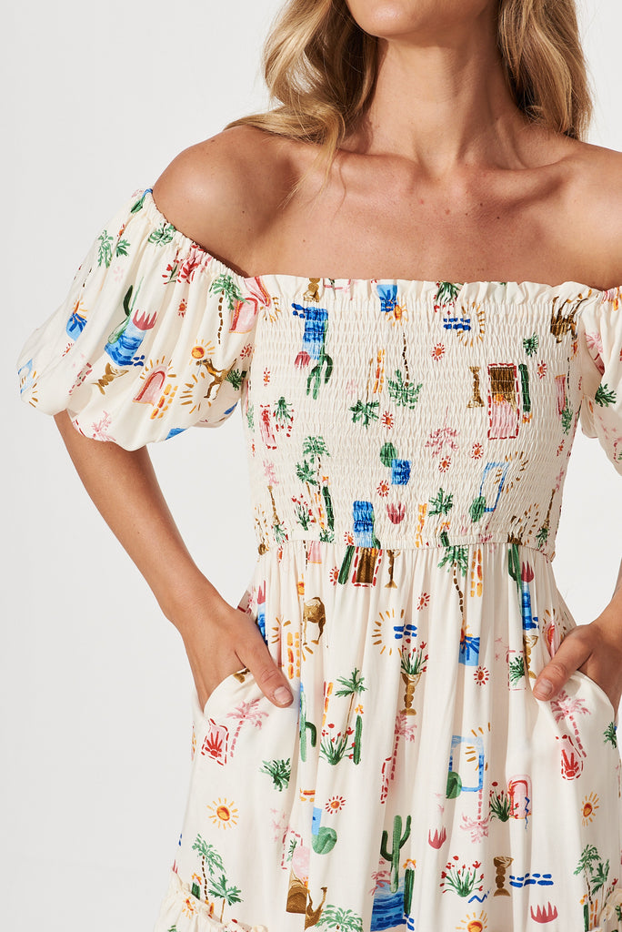 Thora Dress In Cream Multi Desert Print - detail