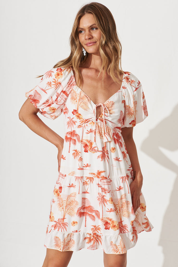 Cara Dress In White With Red Tropical Palm Print - front