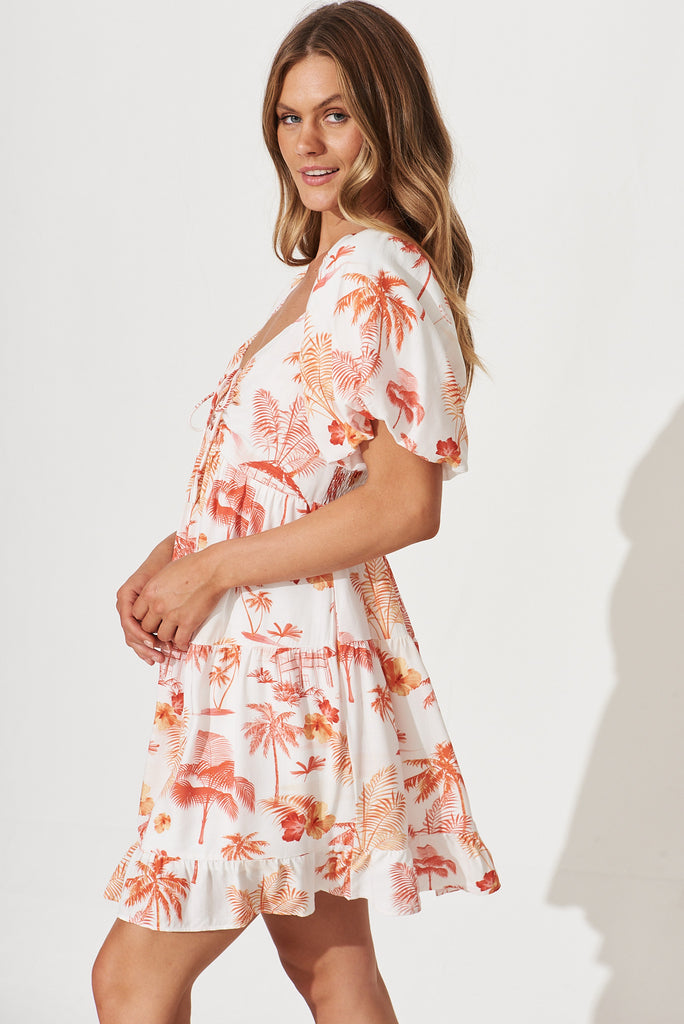 Cara Dress In White With Red Tropical Palm Print - side
