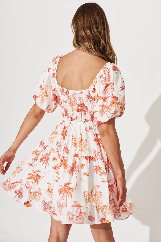 Cara Dress In White With Red Tropical Palm Print - back