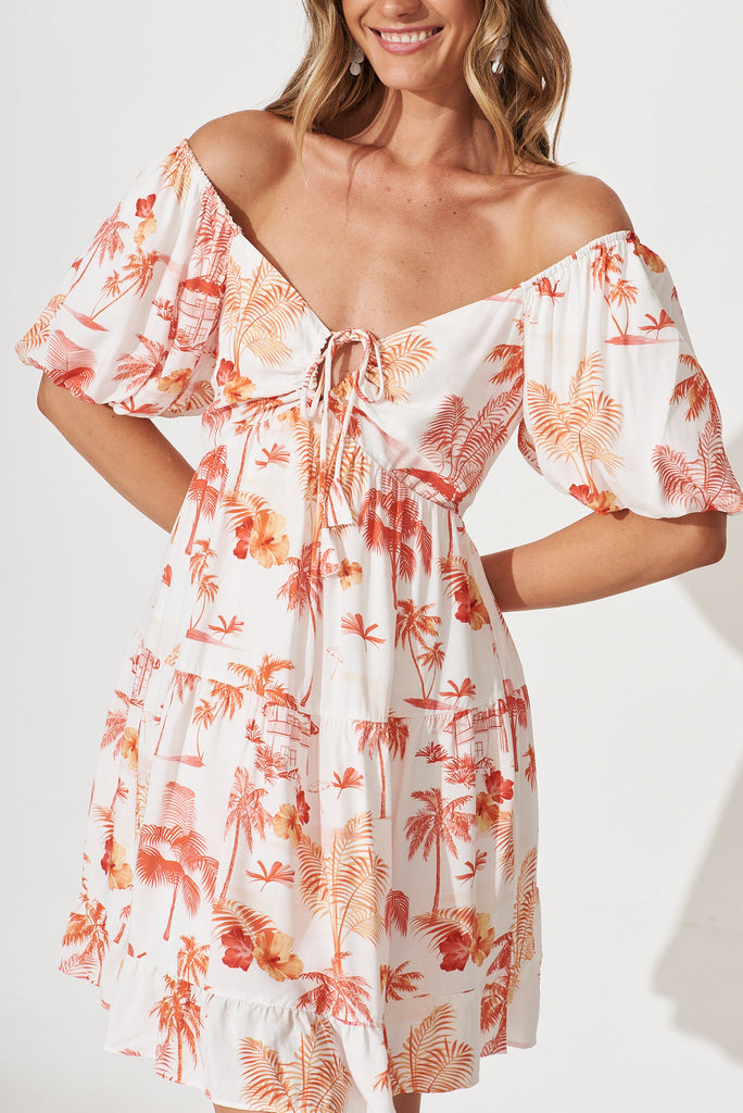 Cara Dress In White With Red Tropical Palm Print - detail