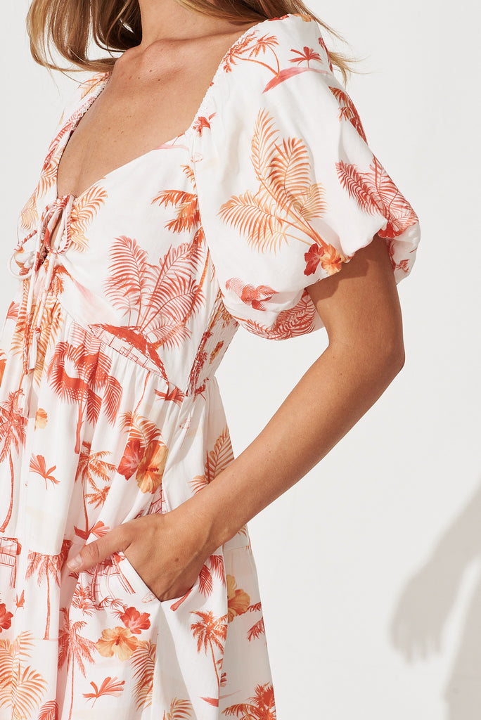 Cara Dress In White With Red Tropical Palm Print - detail