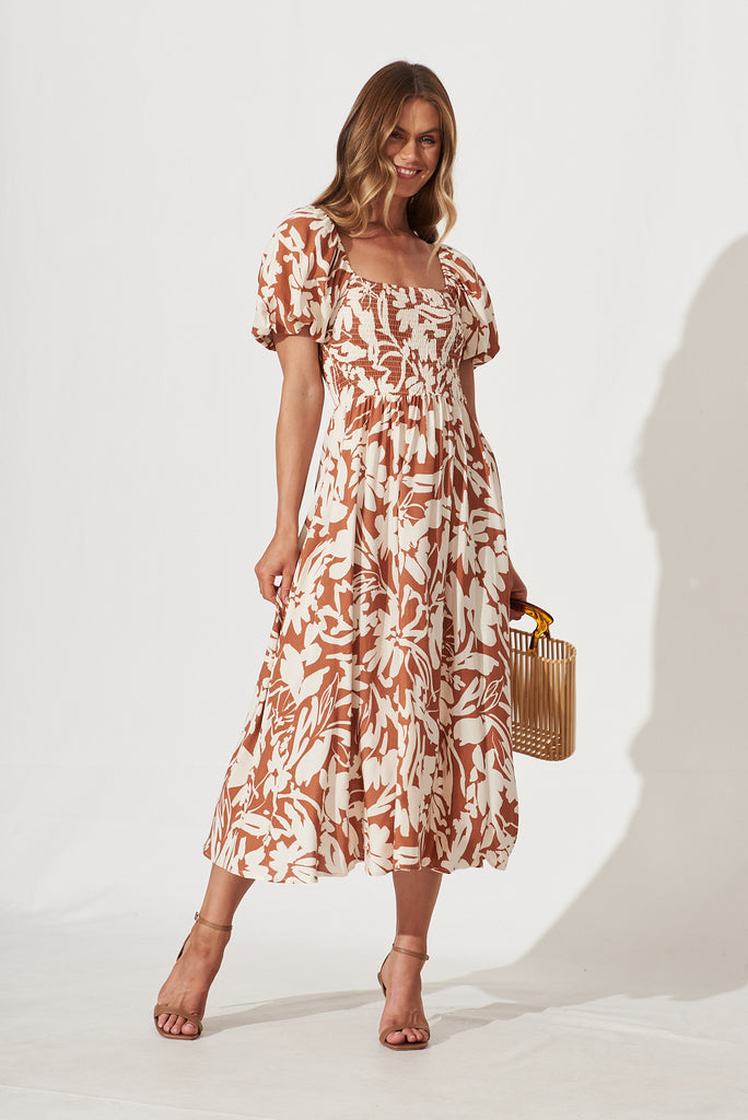 Mariam Midi Dress In Brown With Cream Floral - full length